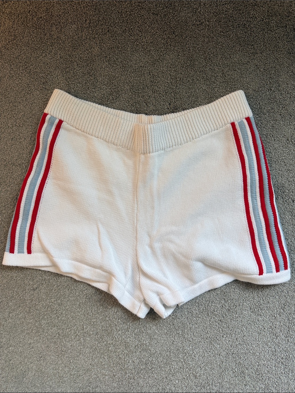 White Athletic Knit Shorts with Red & Blue Side Stripes - worn once!